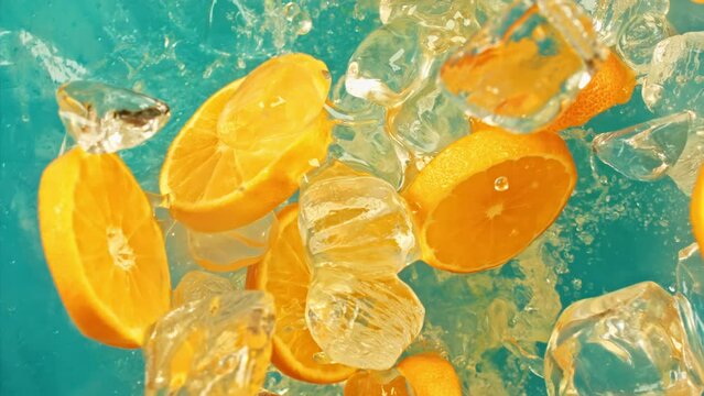 Juicy sweet orange and fly ice cube or water splash or pouring drops juice in super slow motion on 1000 fps.Citrus orange slices and ice fall or explode on blue background, super slow motion 1000 fps
