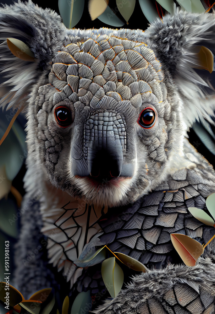Poster A complex, multi-layered pattern of interlocking shapes that resembles a Koala face. Generative AI technology.	