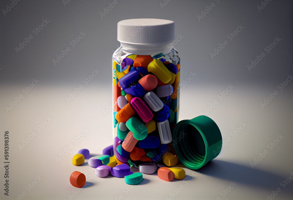 Poster A close-up of a prescription pill bottle with a label indicating the name of the medication, dosage, and instructions for use.  Generative AI technology.	