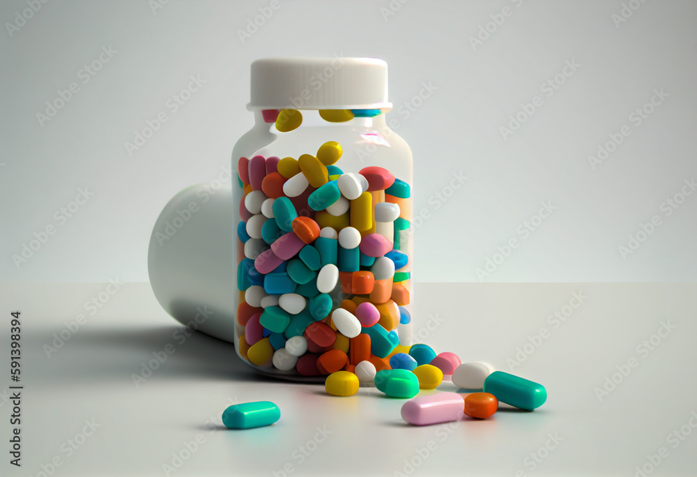 Poster a close-up of a prescription pill bottle with a label indicating the name of the medication, dosage,