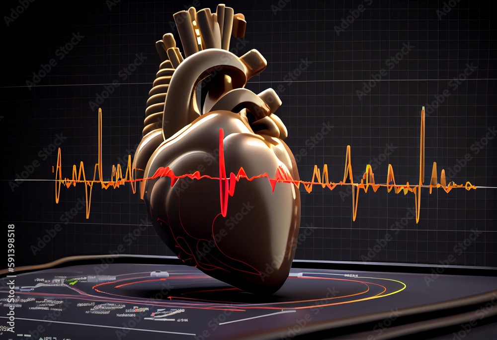 Poster A heart rate monitor displaying a person's heart rate, with a line graph showing the ups and downs of their heart's rhythm. Generative AI technology.	