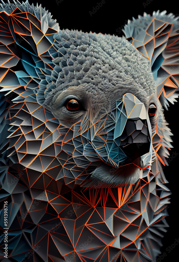 Poster A complex, multi-layered pattern of interlocking shapes that resembles a Koala face. Generative AI technology.	