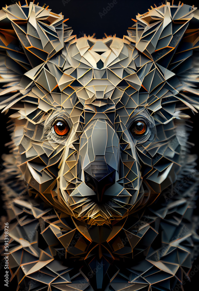 Poster A complex, multi-layered pattern of interlocking shapes that resembles a Koala face. Generative AI technology.	