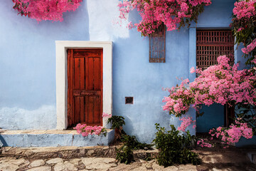 Old blue door with blooming pink bougainvillea in a European town, generative AI.