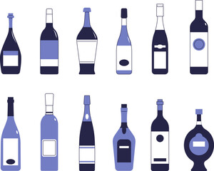 Various bottles of wine. A set of vector images of objects.