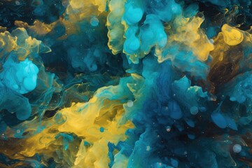 Naklejka na ściany i meble Blue and Yellow Exploding Clouds of Color Underwater Oil Colors Seamless Repeating Repeatable Texture Pattern Tiled Tessellation Background Image