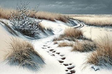 scenic winter landscape featuring a snowy path through a field. Generative AI
