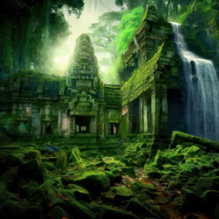 Obraz na płótnie Canvas Stone temple ruins covered with moss and a waterfall in a jungle, generative AI