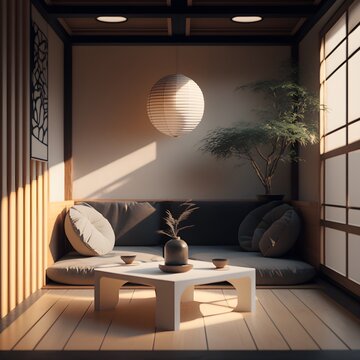 a japanese style modern seating area a very stylish minimalist and elegant modern interior Super realistic beautiful lighting sharp sunlight rays Adobe Award Photoshop 8k resolution Depth of Field 