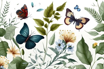 colorful butterflies and flowers on a clean white background. Generative AI