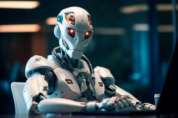 Artificial intelligence robot doing office job at the desk. Generative AI