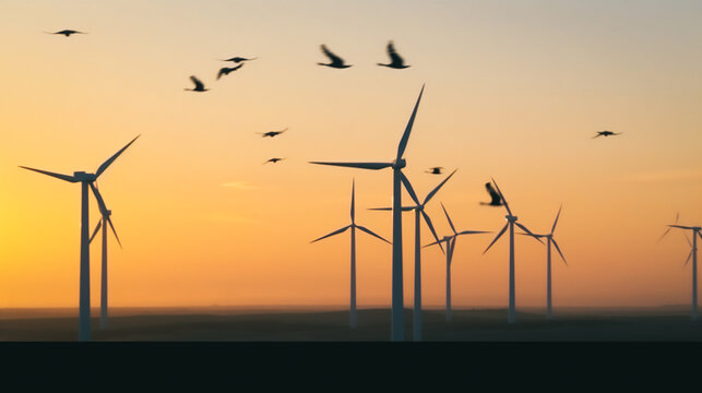 Birds flying near wind turbines Generative AI