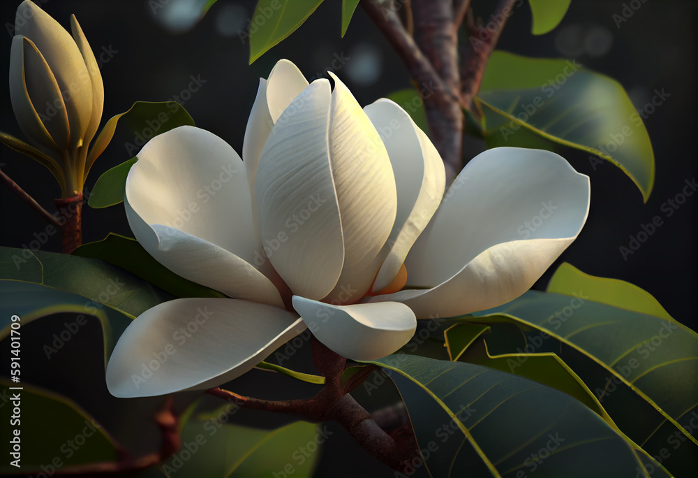 Poster white magnolia on a background of green leaves. generative ai technology.