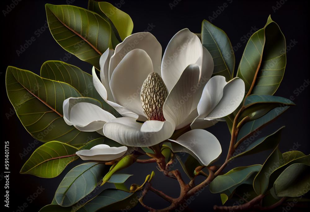 Poster white magnolia on a background of green leaves. generative ai technology.