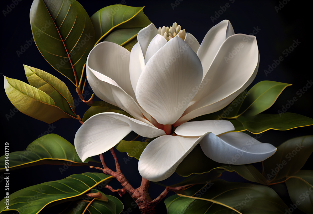Poster white magnolia on a background of green leaves. generative ai technology.