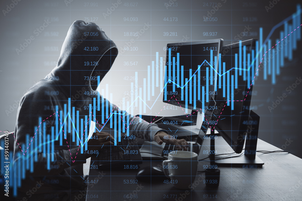 Poster Hacker using computers at desk with glowing candlestick forex chart on gray background with index. Trade, hacking, stock and global finance concept. Double exposure.