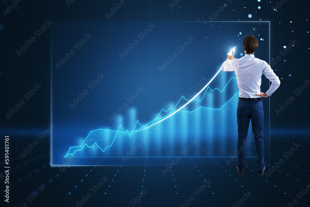 Poster Back view of businessman using abstract growing blue business chart with arrow on dark grid background. Business development to success and plan concept.
