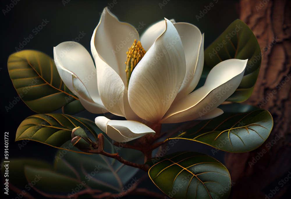 Poster white magnolia on a background of green leaves. generative ai technology.