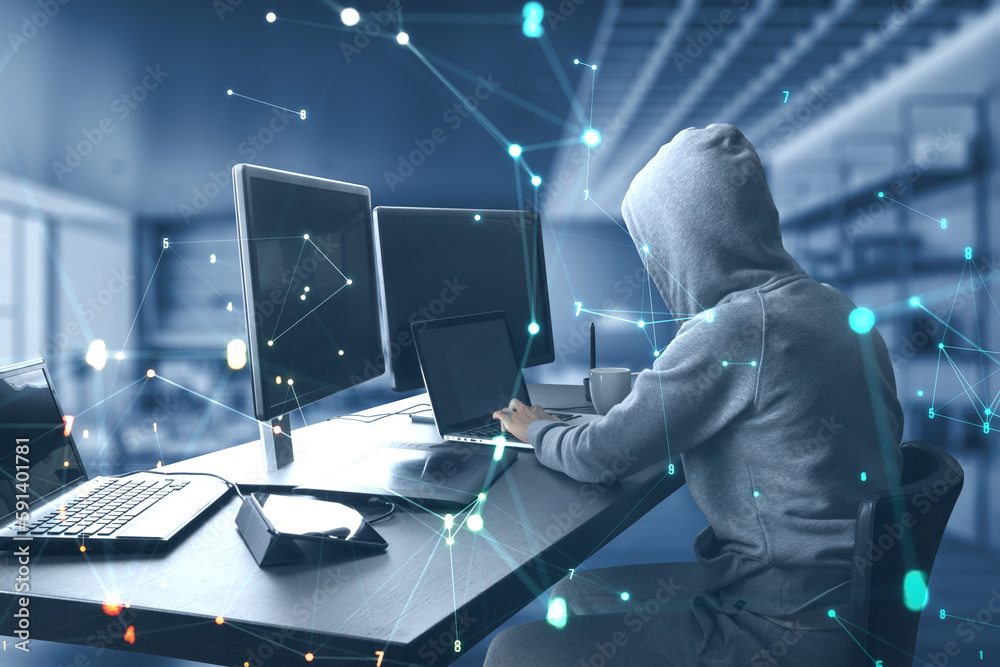 Aufkleber Side view of hacker at desktop using laptop with glowing polygonal coding mesh on blurry office interior background. Technology, hacking, theft and pattern concept. Double exposure.
