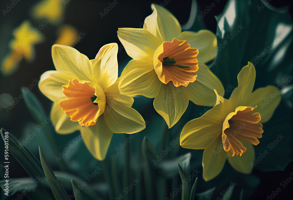 Poster yellow daffodils on a background of green leaves. generative ai technology
