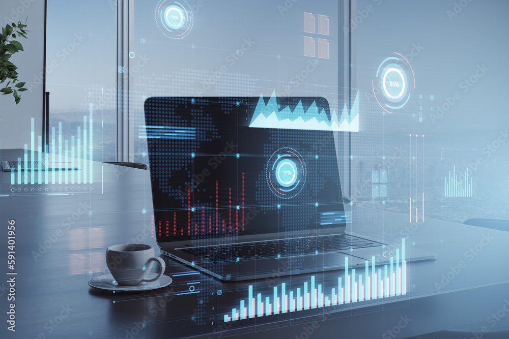 Aufkleber Close up of laptop on desk with coffee cup and glowing digital business interface with charts on blurry office background with window and city view. Big data concept. Double exposure.