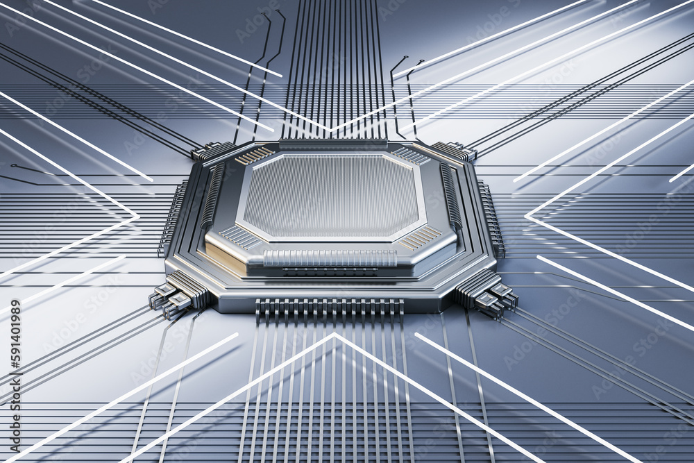 Poster Creative empty silver chip on metal wallpaper with lines. Mock up place. Technology and motherboard, computer and hardware concept. 3D Rendering.
