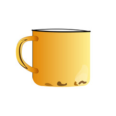Old, iron, yellow mug with handle, cup for water and tea, with rust, close-up, isolated, on a transparent and white background. Vector image, illustration. Element for design decoration.