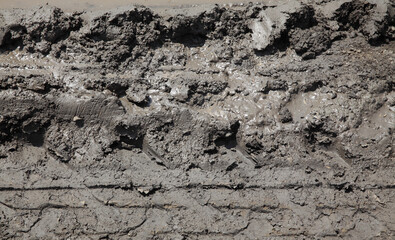 Wet mud, ground of country road in field after rain