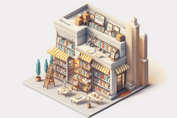Isometric modern bookstore on white background, books in public library, education concept, AI Generative.
