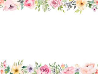 Fototapeta na wymiar Floral frame with spring lovely flowers, in the style of soft and dreamy, subtle use of color, colorful arrangements, Watercolor flowers border with copy space on white background, Generative AI