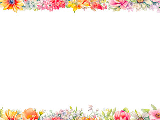 Fototapeta premium Floral frame with spring lovely flowers, in the style of soft and dreamy, subtle use of color, colorful arrangements, Watercolor flowers border with copy space on white background, Generative AI