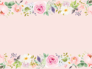 Floral frame with spring lovely flowers, in the style of soft and dreamy, subtle use of color, colorful arrangements, Watercolor flowers border with copy space on pink background, Generative AI