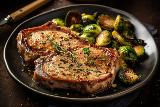 A plate of pork chops with roasted Brussels sprouts and garlic. Generative Ai