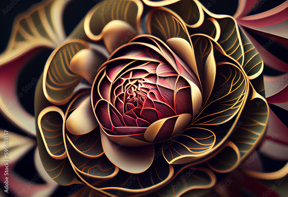 Poster A complex, multi-layered pattern of interlocking shapes that resembles a Red hydrangea bush. Generative AI technology.	
