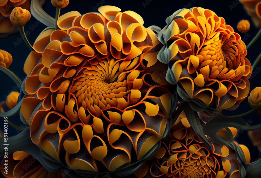 Poster A complex, multi-layered pattern of interlocking shapes that resembles a Red hydrangea bush. Generative AI technology.	
