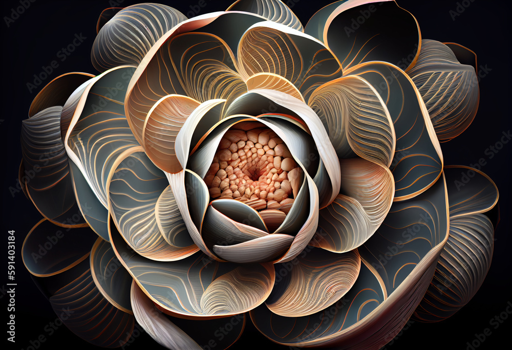 Poster A complex, multi-layered pattern of interlocking shapes that resembles a Red hydrangea bush. Generative AI technology.	
