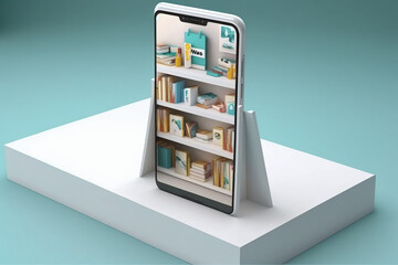 Isometric modern white online bookstore or library concept, e-books app for reading on smartphone, bookshop in phone online, E-Learning and education concept. AI Generative.