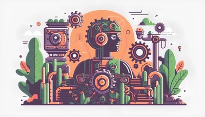 Automation concept illustration, incorporation of artificial intelligence and robotics. Efficiency and productivity as digital transformation in engineering, mechanics, and electronics. Generative AI