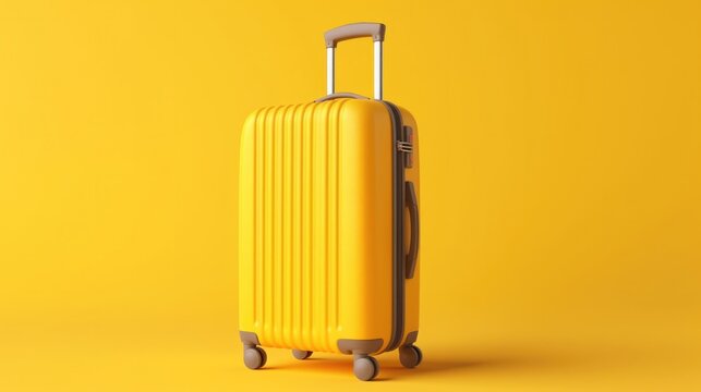 Yellow Suitcase on plain yellow background. Travel concept with Yellow luggage. Generative AI.