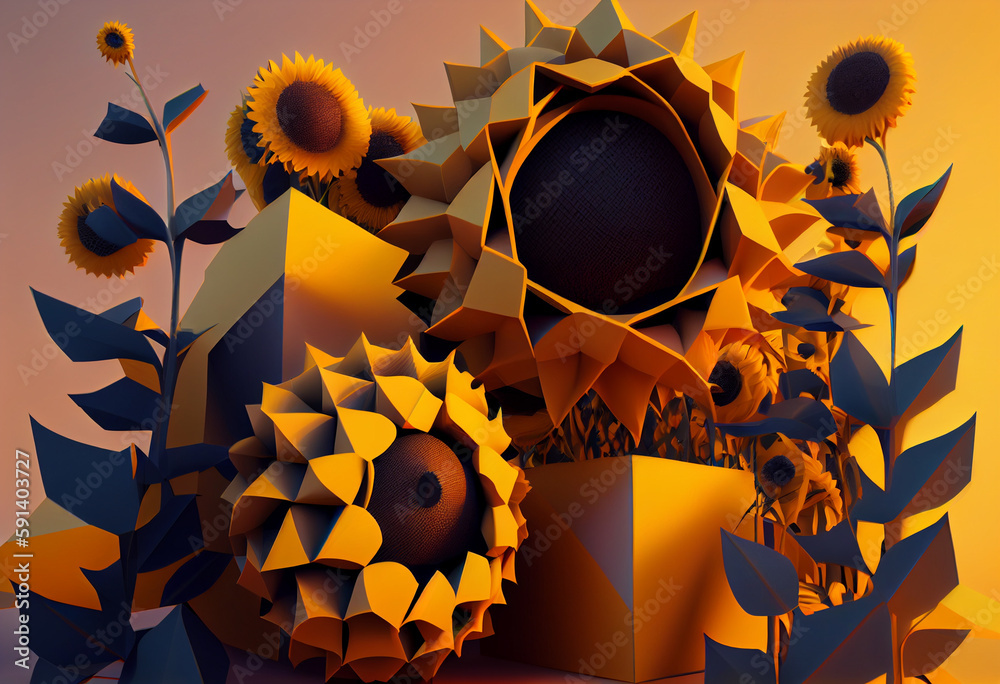 Poster A complex, multi-layered pattern of interlocking shapes that resembles a Yellow sunflowers on a green background. Generative AI technology.	
