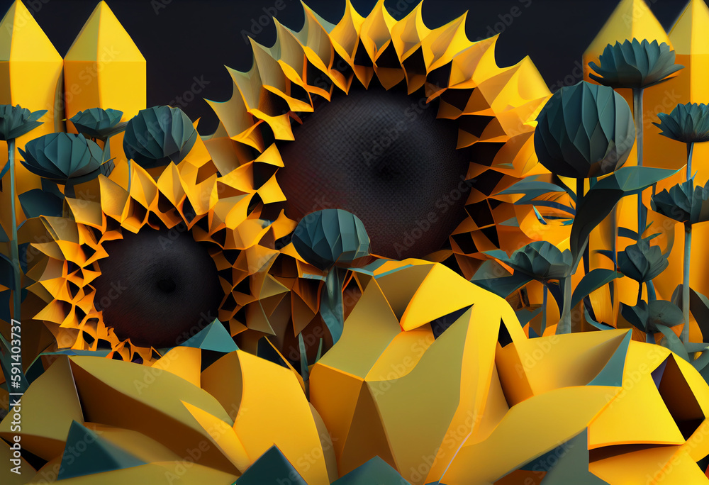 Poster A complex, multi-layered pattern of interlocking shapes that resembles a Yellow sunflowers on a green background. Generative AI technology.	
