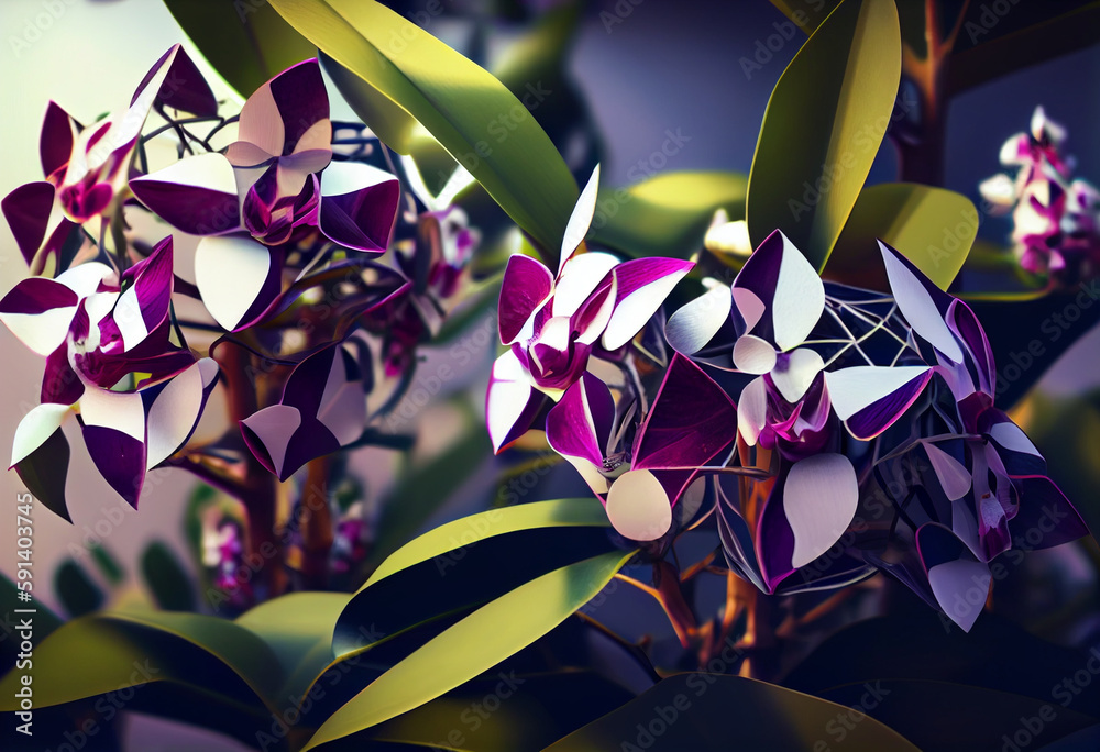 Poster A complex, multi-layered pattern of interlocking shapes that resembles a Purple lavender bush. Generative AI technology.	
