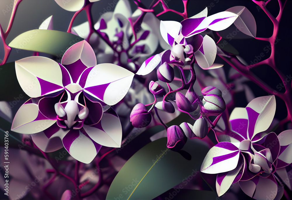 Poster A complex, multi-layered pattern of interlocking shapes that resembles a Purple lavender bush. Generative AI technology.	
