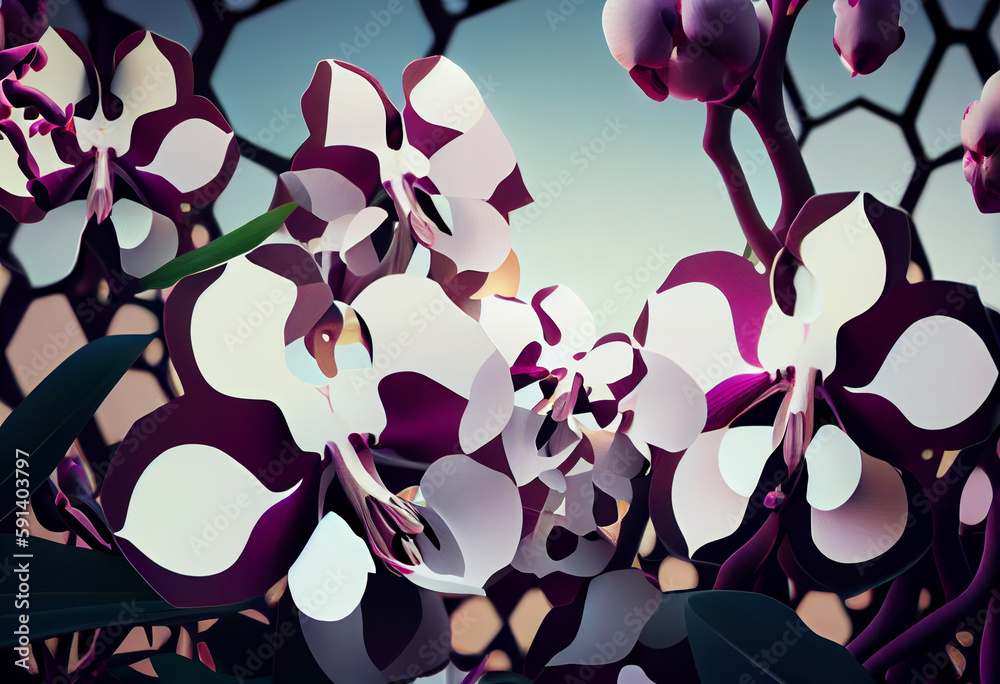 Poster A complex, multi-layered pattern of interlocking shapes that resembles a Purple lavender bush. Generative AI technology.	
