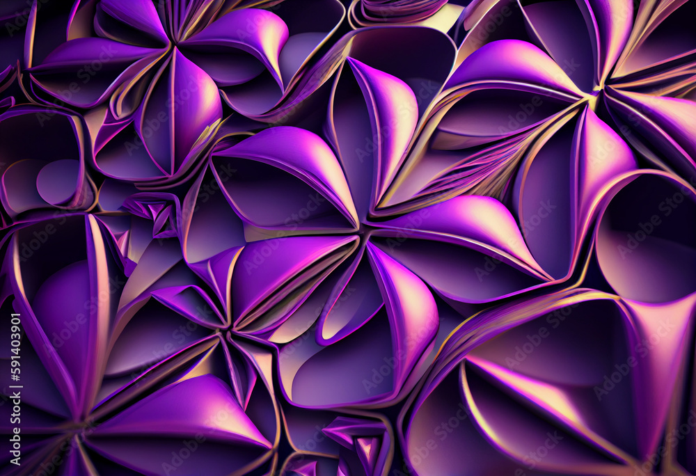 Poster A complex, multi-layered pattern of interlocking shapes that resembles a Purple lavender bush. Generative AI technology.	

