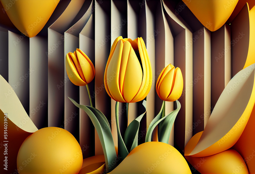 Poster A complex, multi-layered pattern of interlocking shapes that resembles a Yellow Tulip background. Generative AI technology.	
