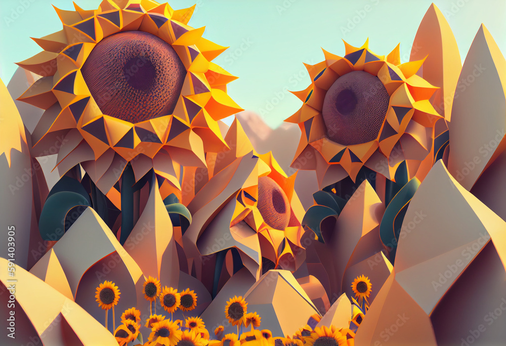 Fototapete A complex, multi-layered pattern of interlocking shapes that resembles a Yellow sunflowers on a green background. Generative AI technology.	
