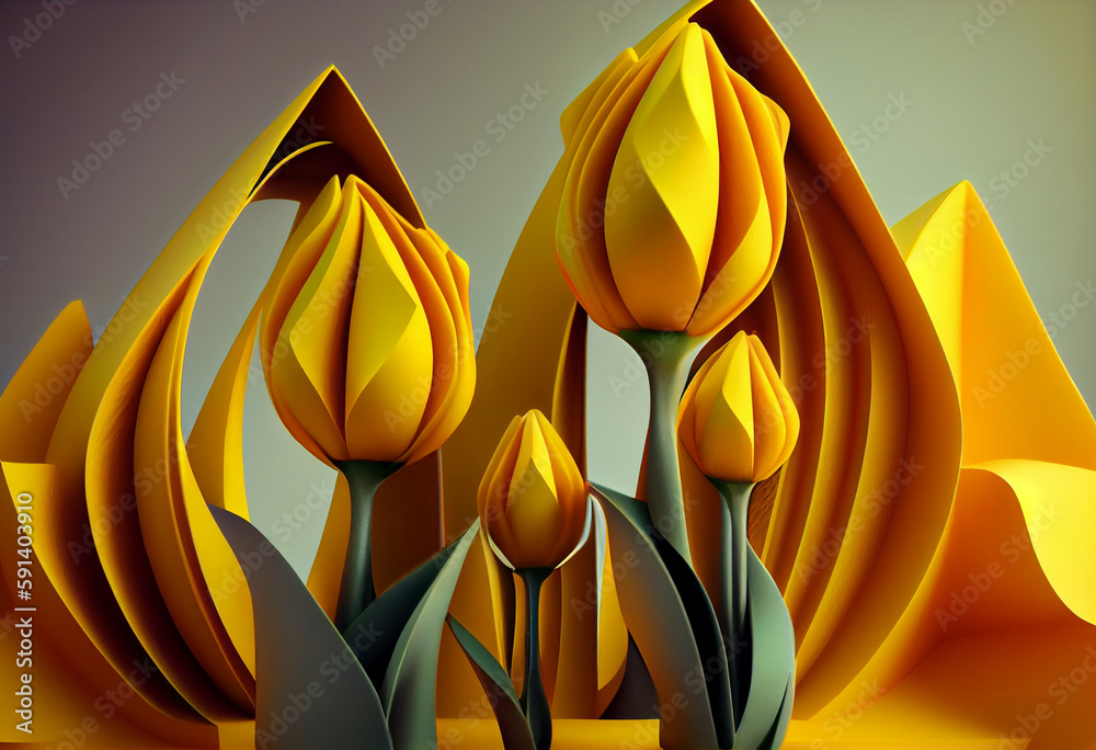 Poster A complex, multi-layered pattern of interlocking shapes that resembles a Yellow Tulip background. Generative AI technology.	
