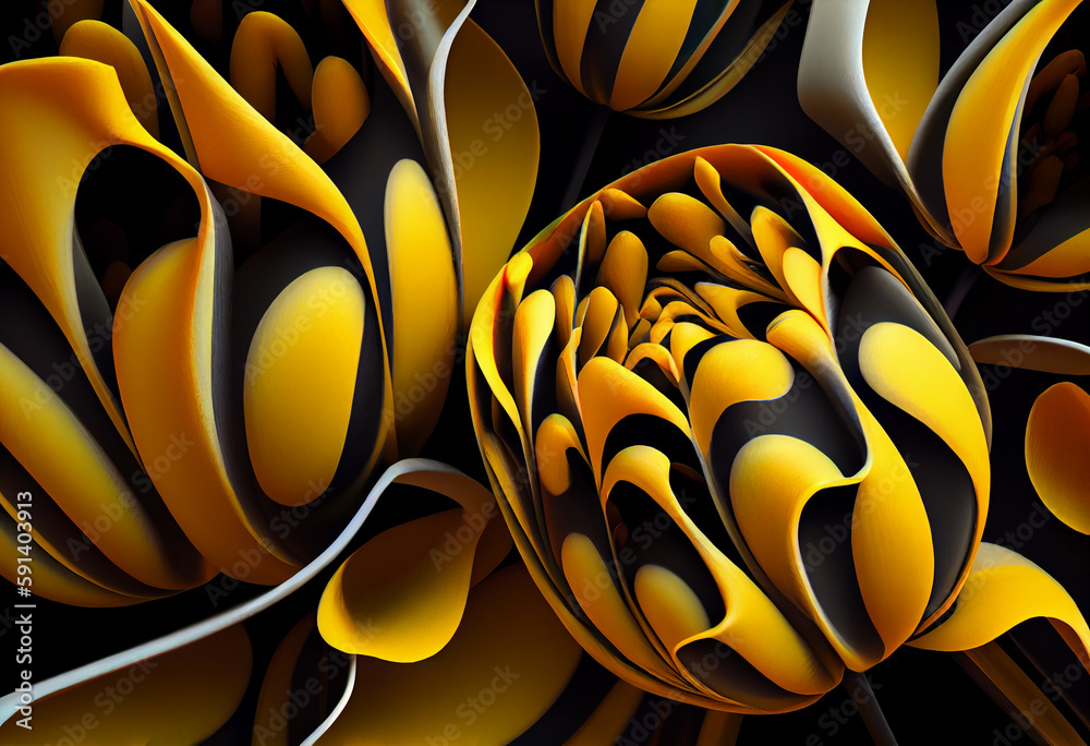 Poster A complex, multi-layered pattern of interlocking shapes that resembles a Yellow Tulip background. Generative AI technology.	
