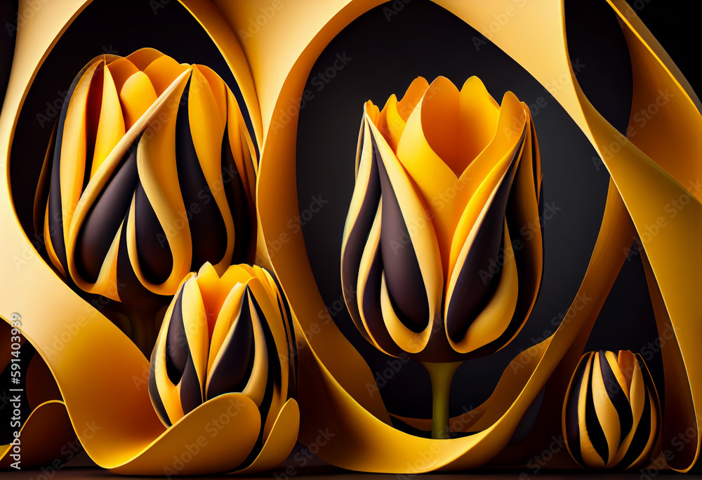 Poster A complex, multi-layered pattern of interlocking shapes that resembles a Yellow Tulip background. Generative AI technology.	
